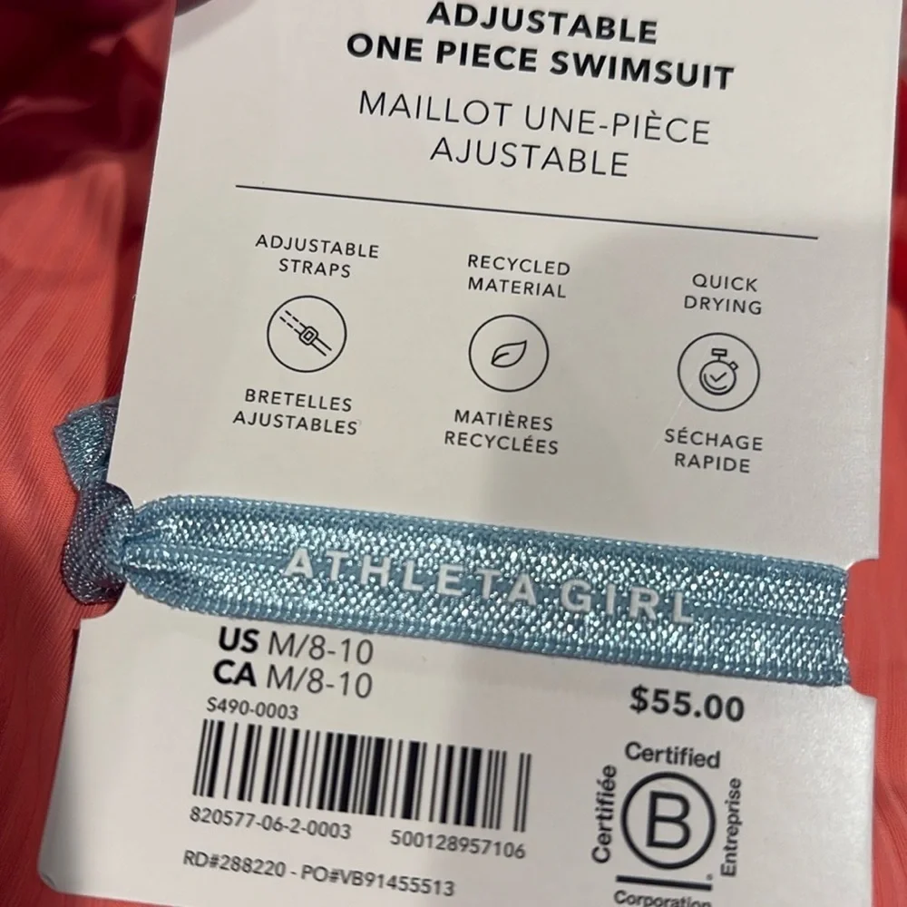 NWT Athleta Girl Adjustable One Piece Mimosa Pink Swimsuit Medium 8-10